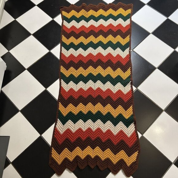 Handmade Afghan Couch Blanket Green Orange Brown Fall Knit Crochet 31x70 Vintage - Picture 6 of 6